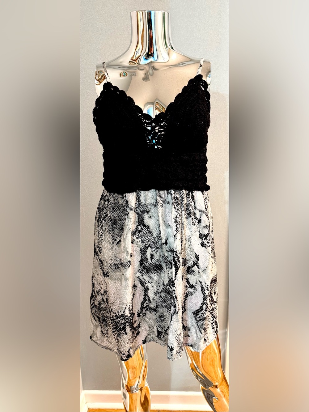Japna Goa Beachwear Black Crochet Bodice with White Snake-Print M